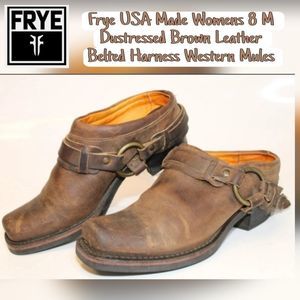 Sale Frye USA Made Womens 8m distressed Leather Belted Harness Western Mules